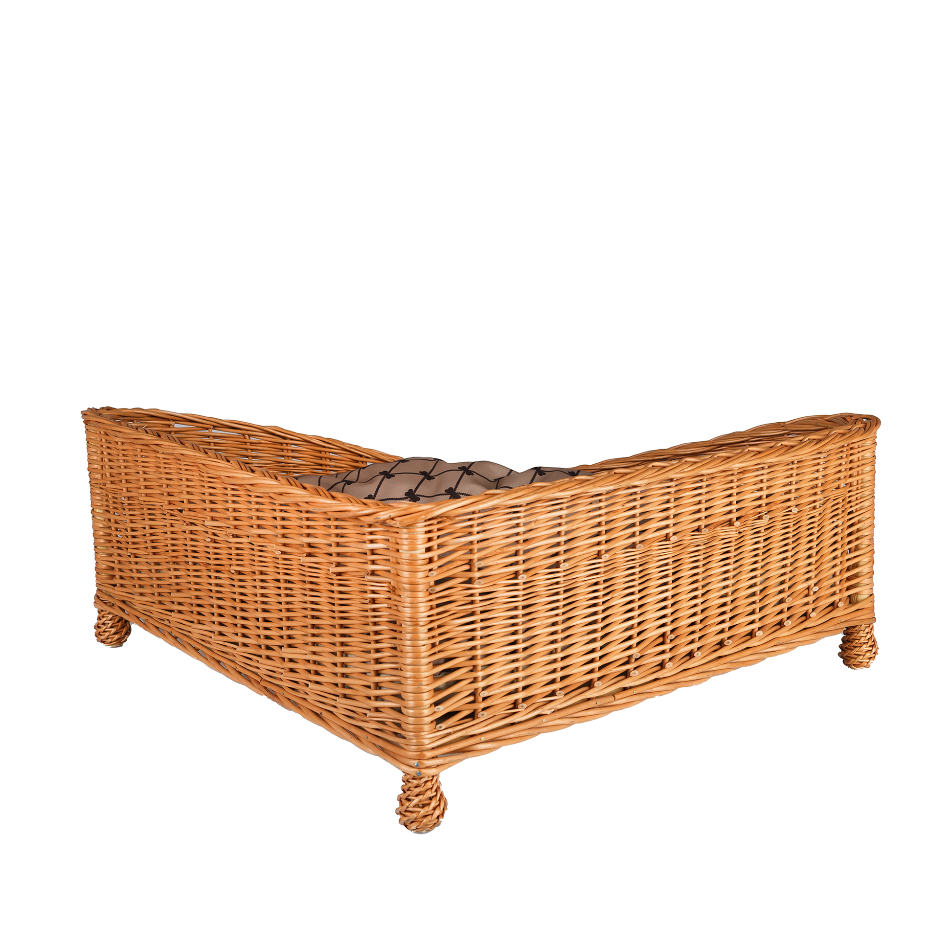 wicker corner pet bed for dogs and cats with cushion and legs