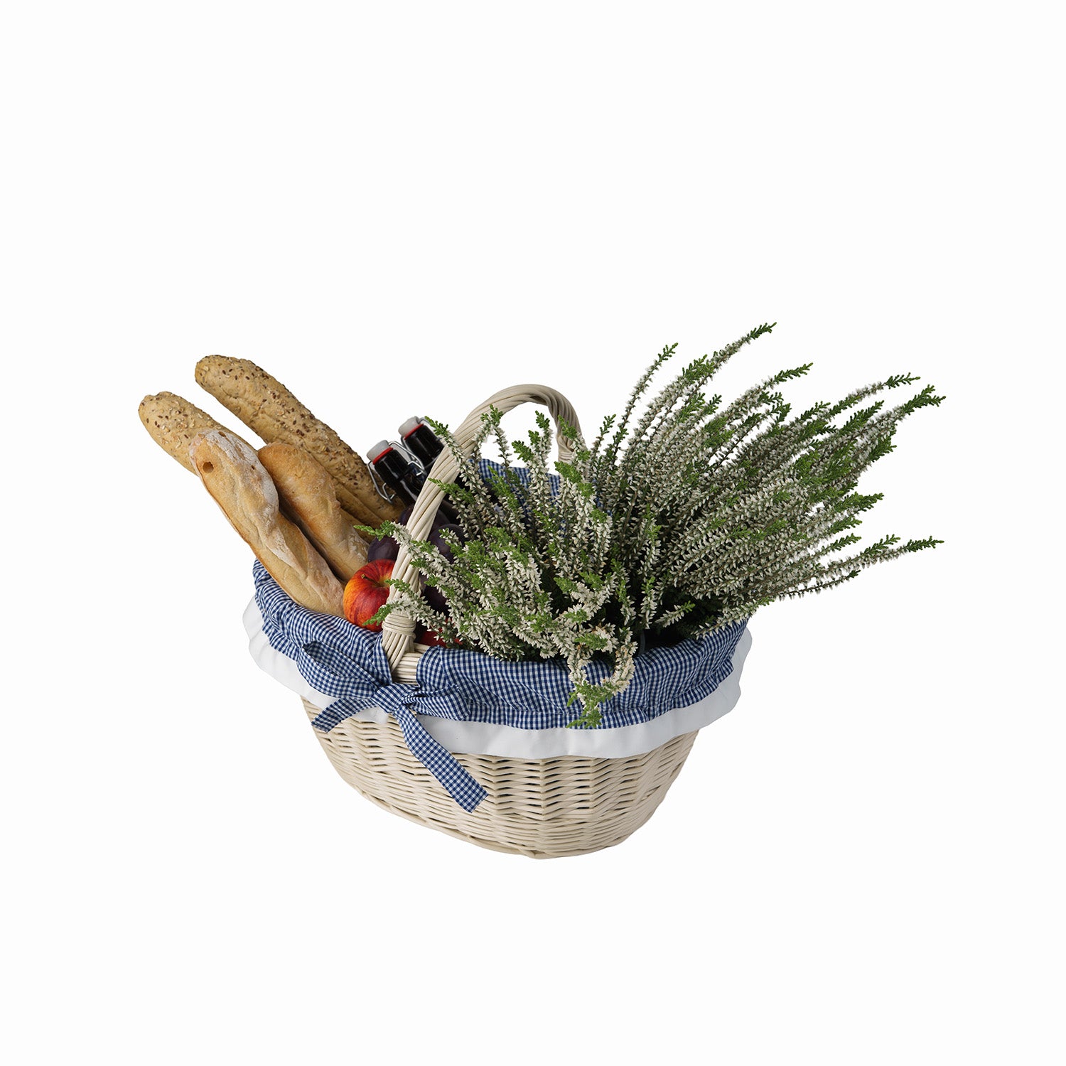 handgevlochten rieten boodschappenkorf met marineblauwe bies en handvat