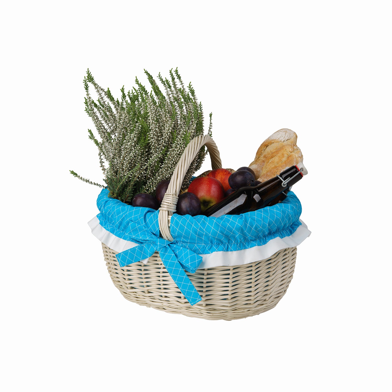 Weidenkorb zum Einkaufen mit blauem Besatz und Griff