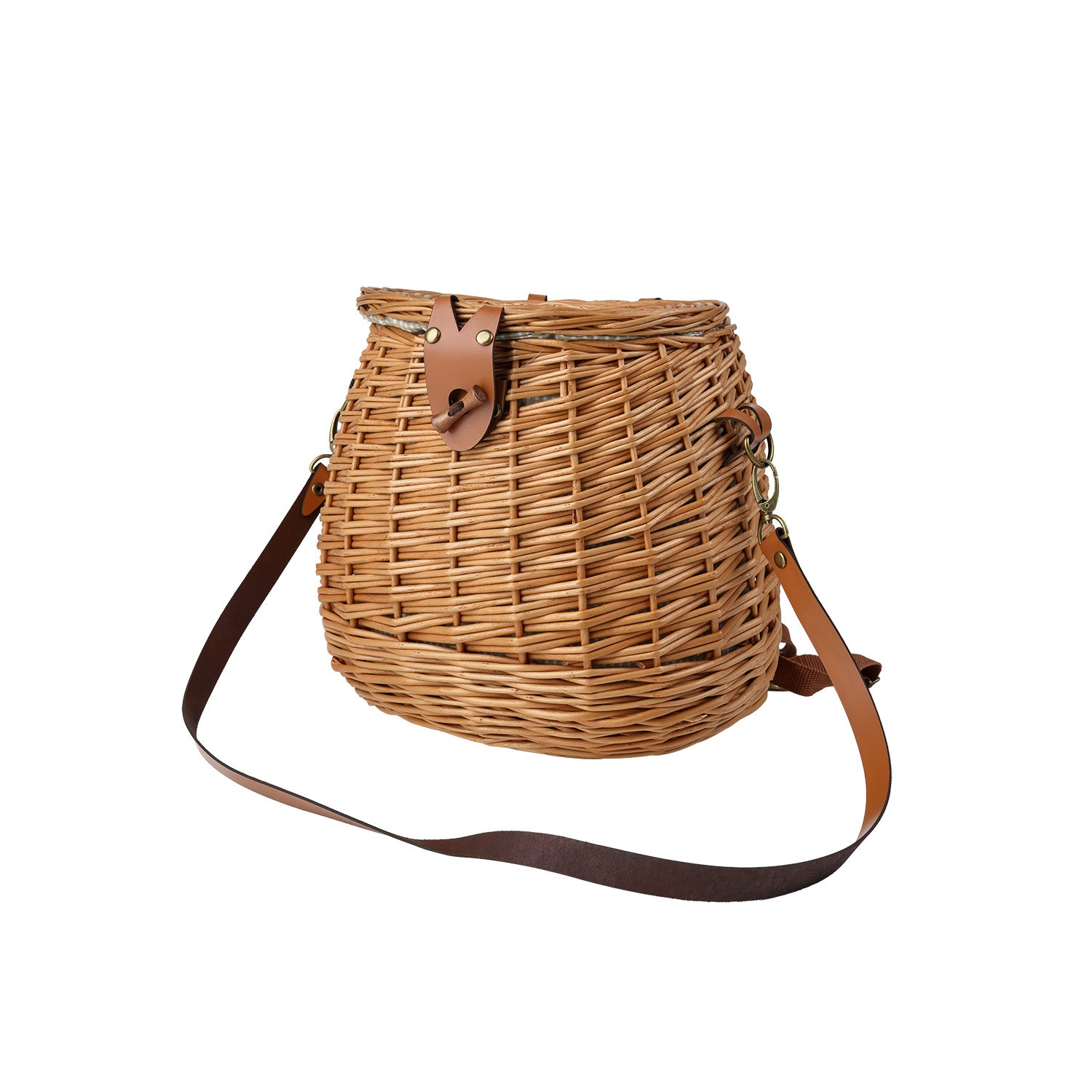 Weidenrucksack mit beigem Stoffeinsatz und Lederriemen