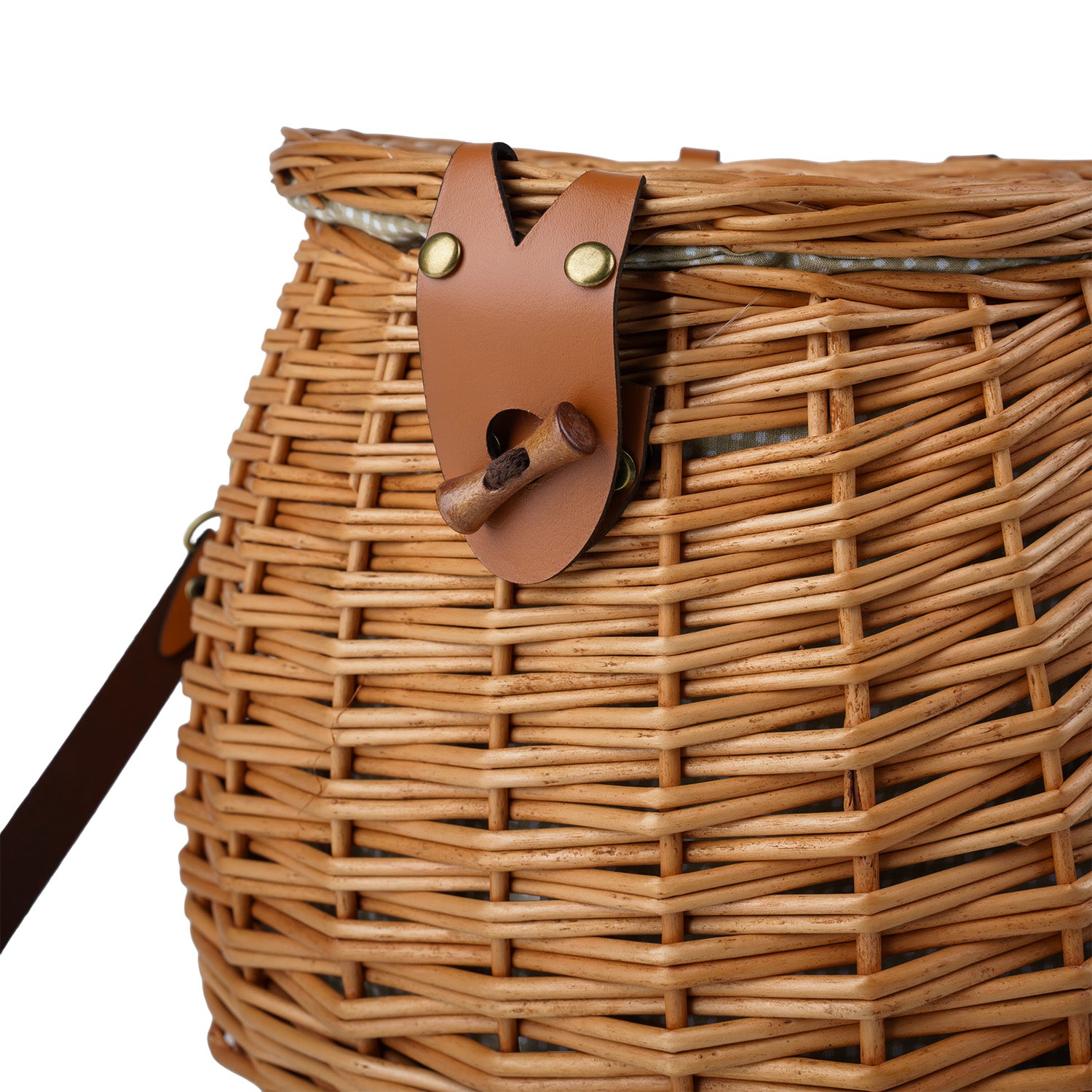 Weidenrucksack mit beigem Stoffeinsatz und Lederriemen