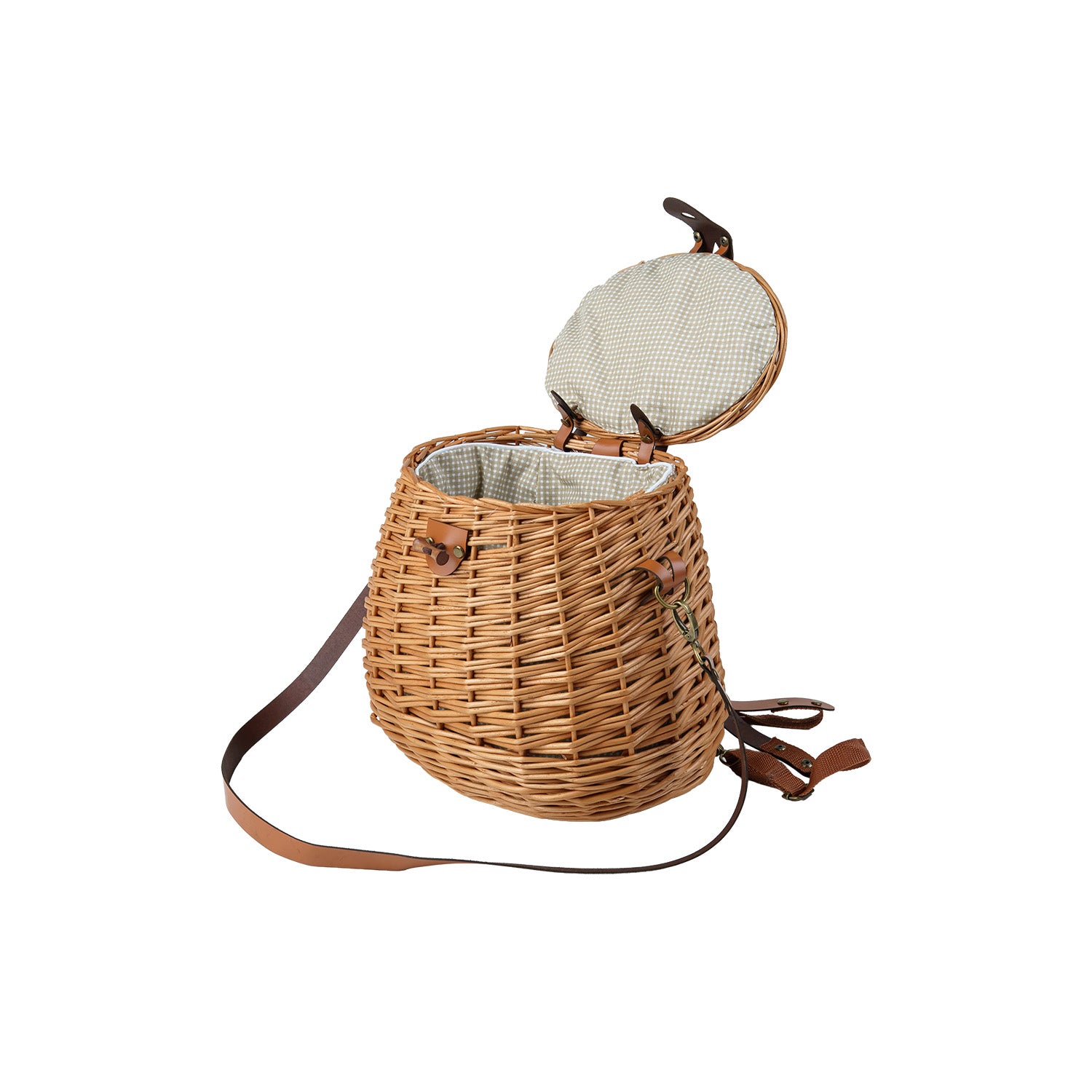 Weidenrucksack mit beigem Stoffeinsatz und Lederriemen