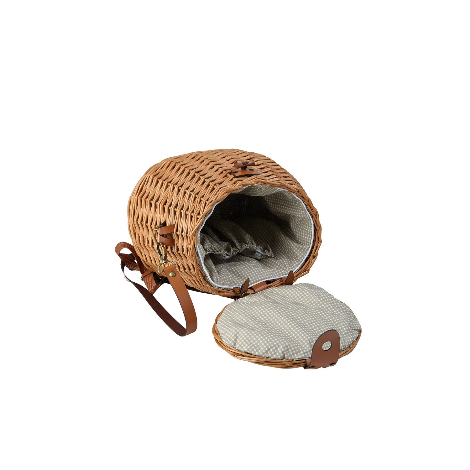 Weidenrucksack mit beigem Stoffeinsatz und Lederriemen