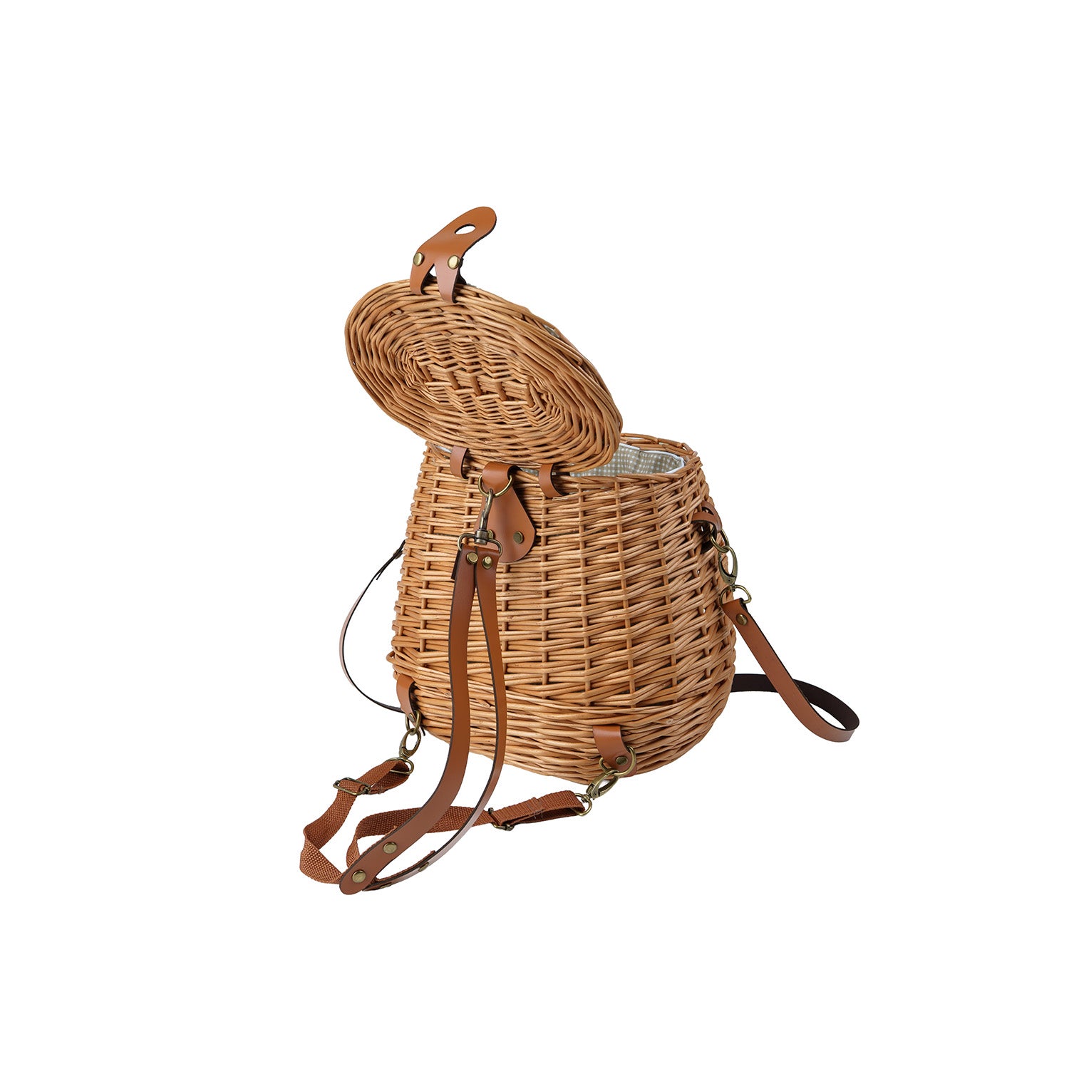 Weidenrucksack mit beigem Stoffeinsatz und Lederriemen