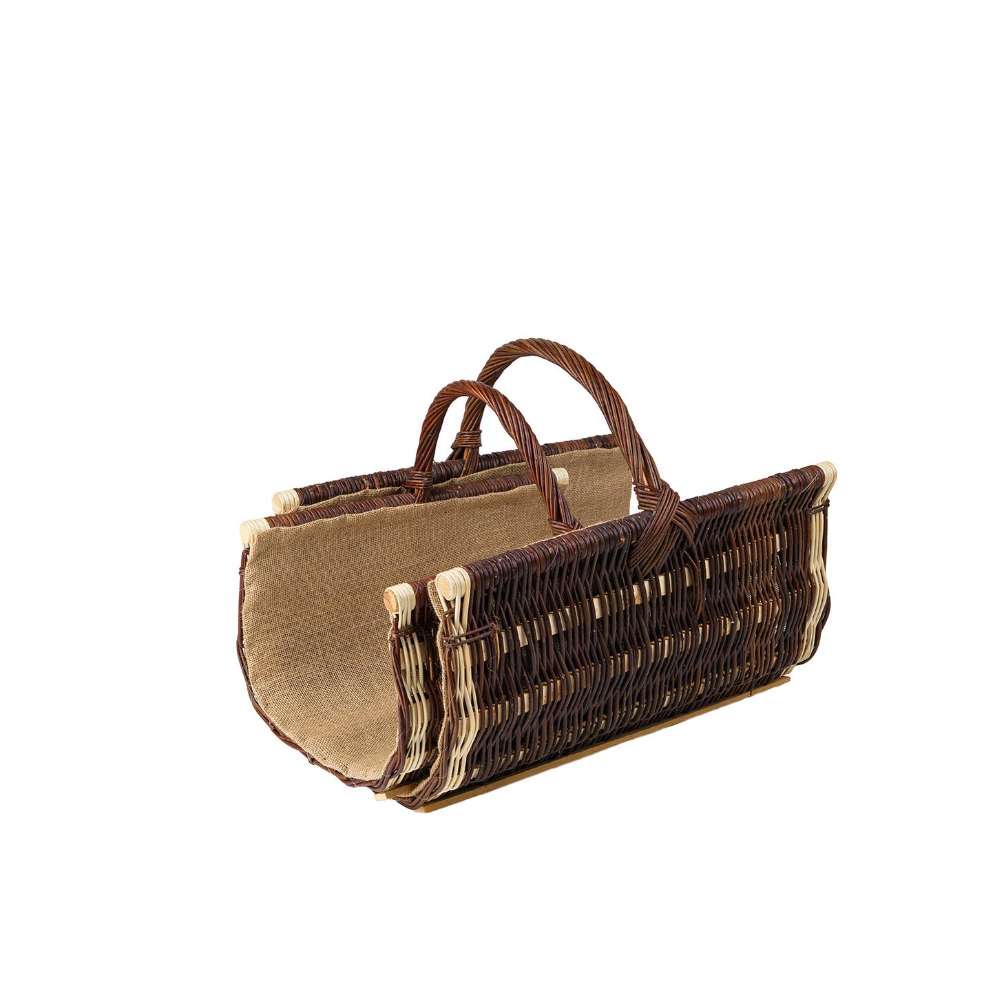 Fano cesta de mimbre para leña con ribete de yute, con asa