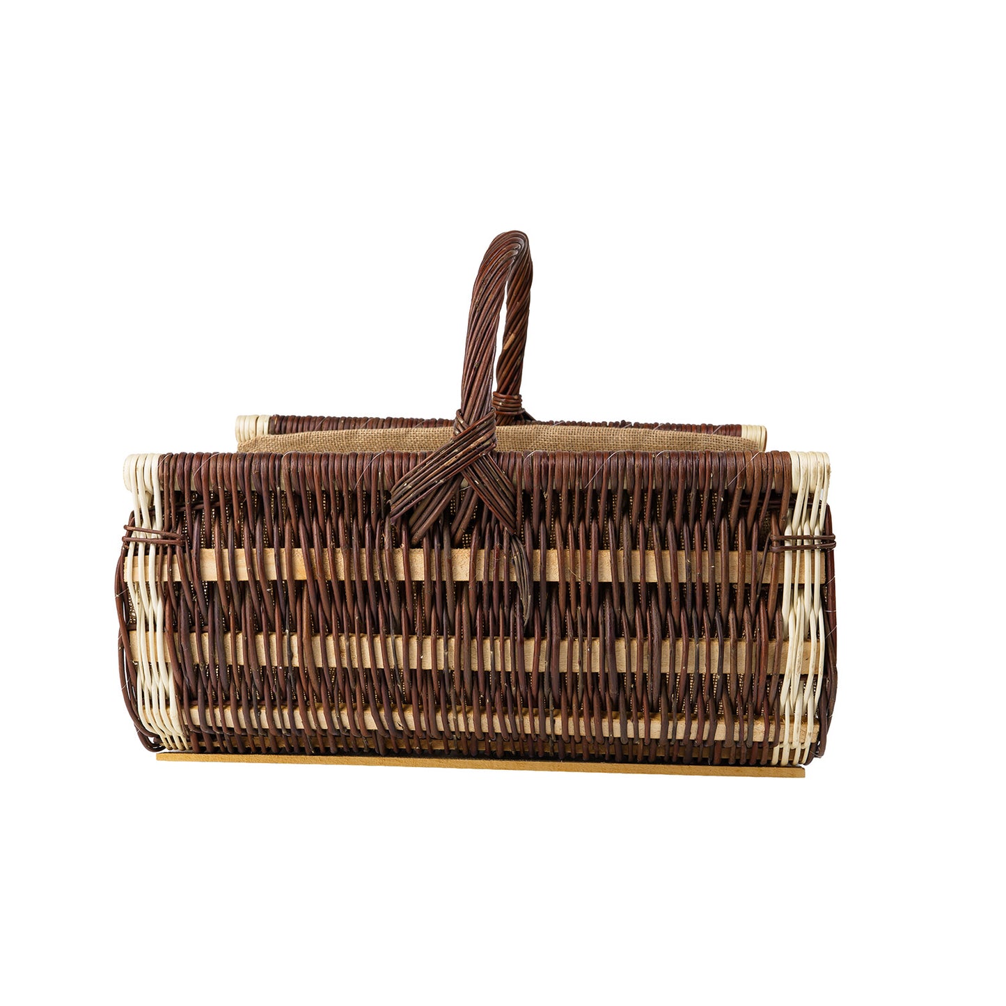 Fano cesta de mimbre para leña con ribete de yute, con asa