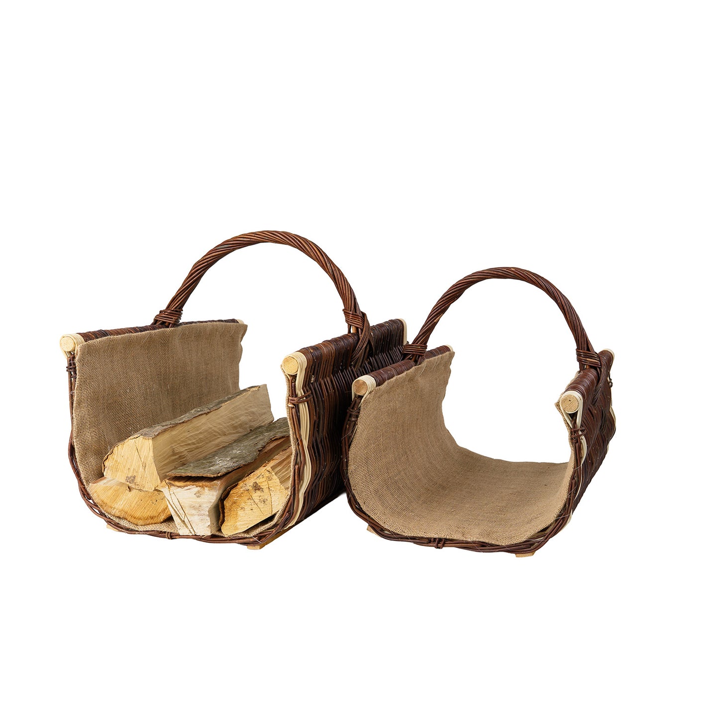 Fano cesta de mimbre para leña con ribete de yute, con asa