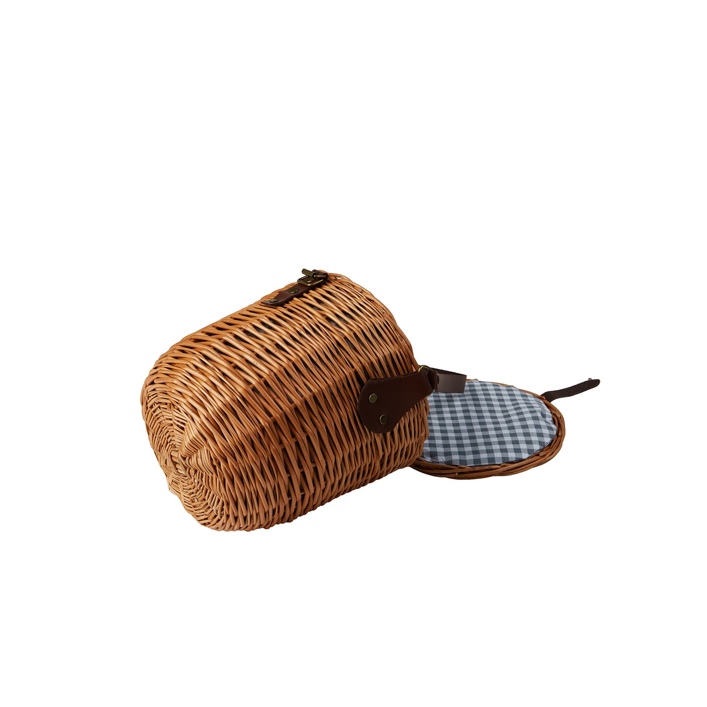 Rivora wiklinowy koszyk na ramię z materiałowym obszyciem, z pokrywą i skórzanym paskiem TheWickerStories