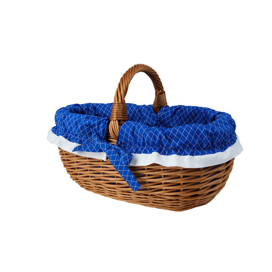 wicker shopping basket with blue trim and handle