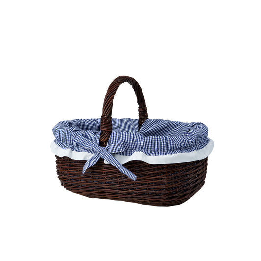 wicker shopping basket with navy trim and handle from