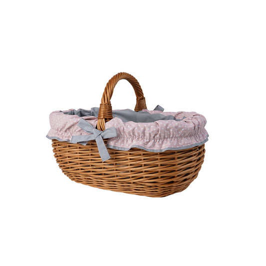 wicker shopping basket with gray trim and handle