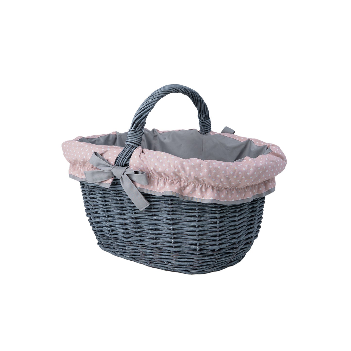 Walerissa wicker shopping basket with gray-pink trim and handle by TheWickerStories