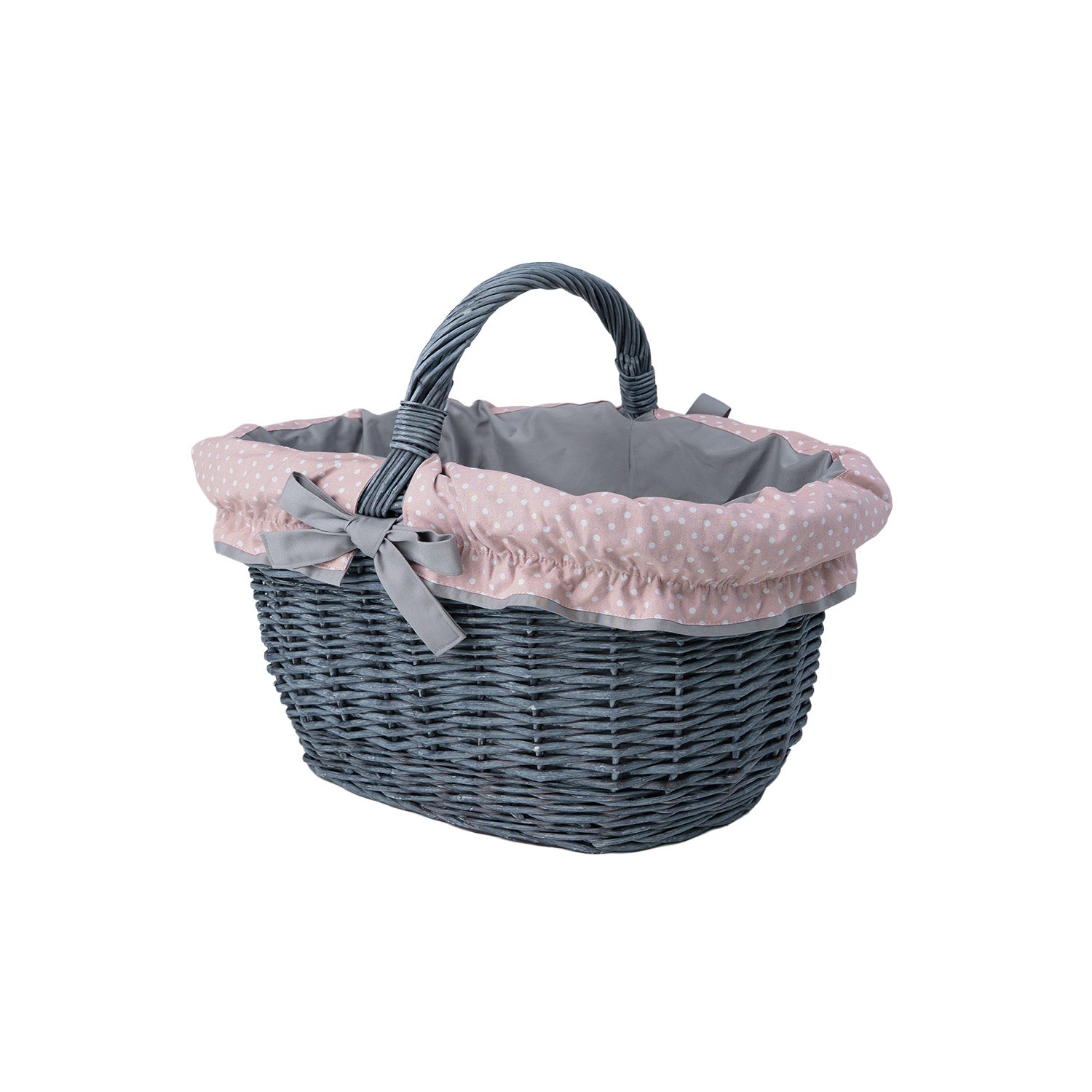 wicker shopping basket with gray-pink trim and handle by