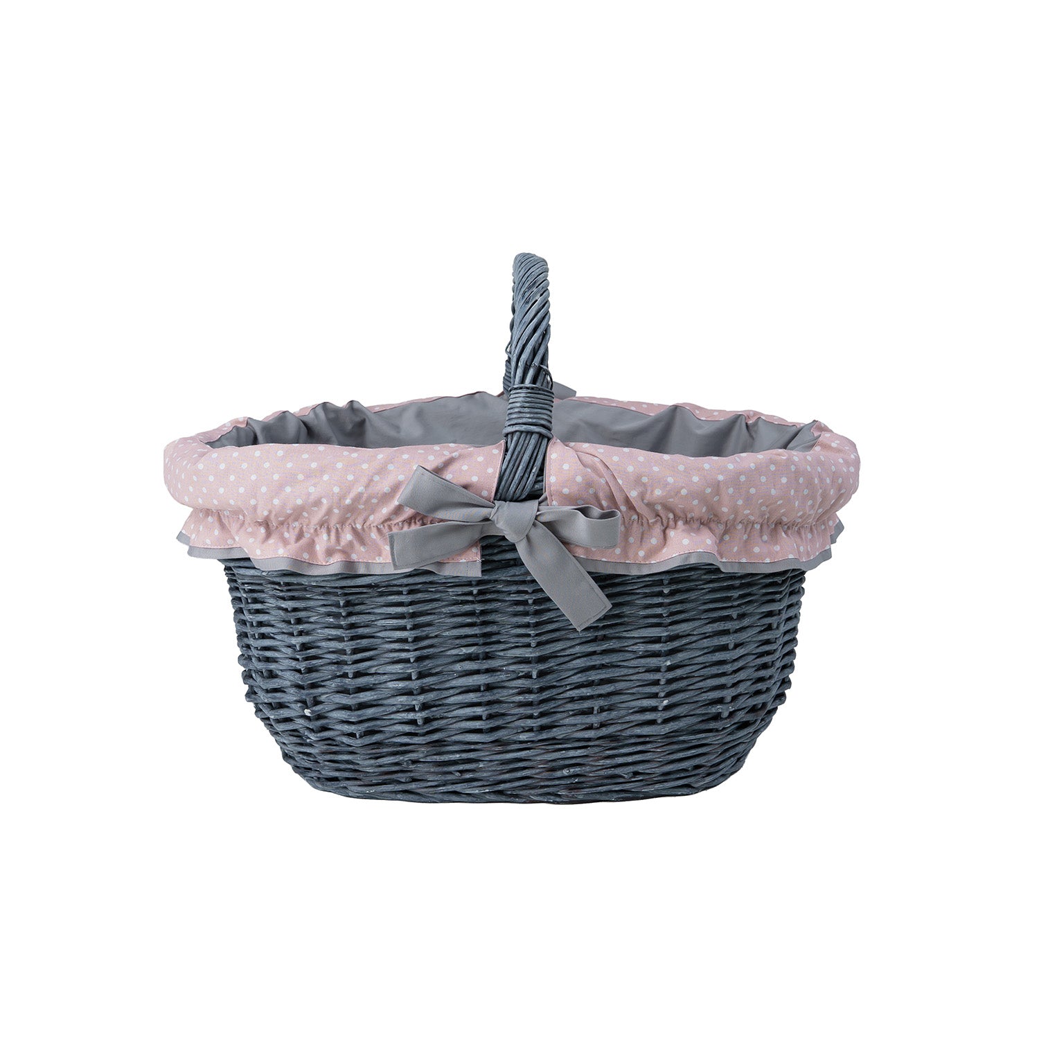 wicker shopping basket with gray-pink trim and handle by