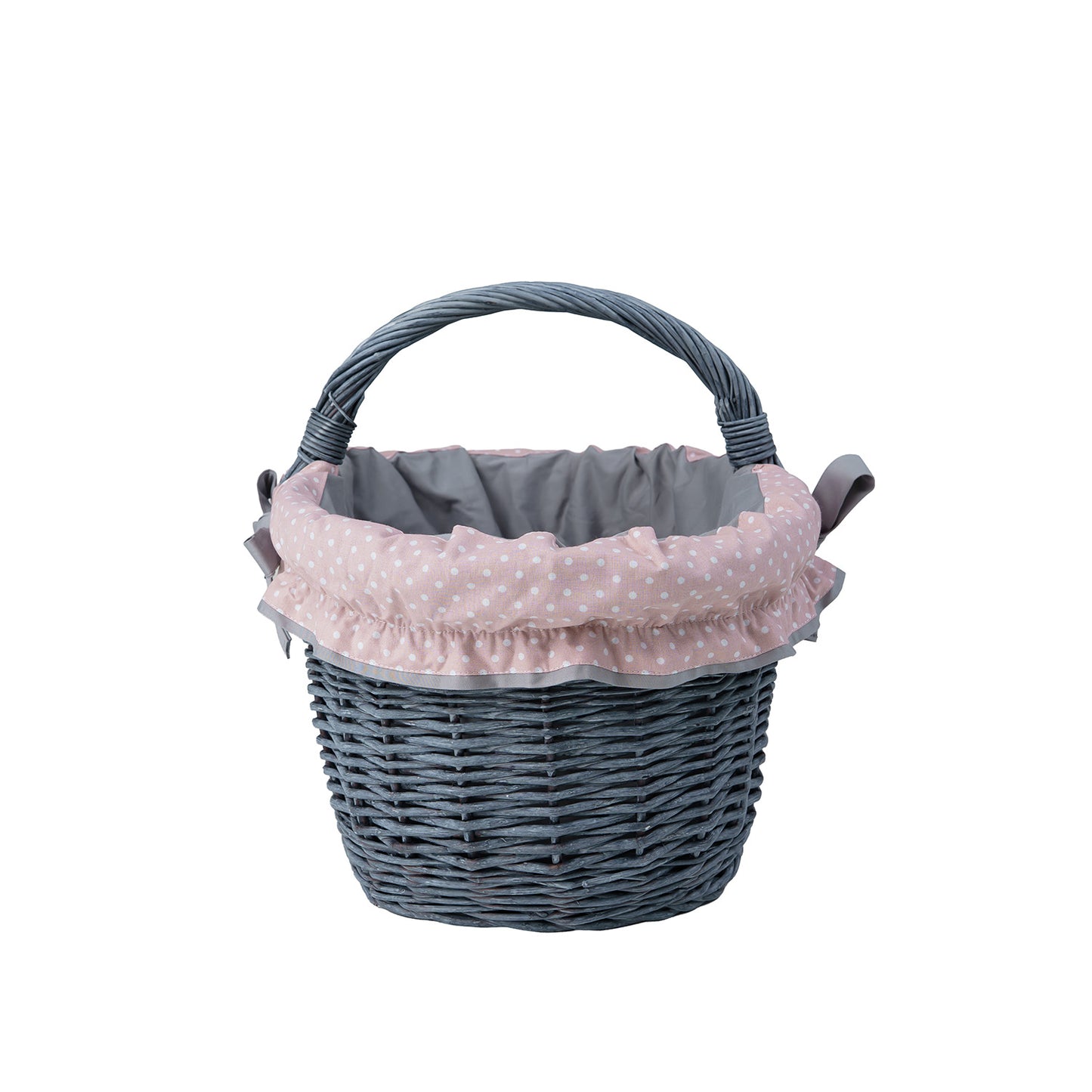 Walerissa wicker shopping basket with gray-pink trim and handle by TheWickerStories