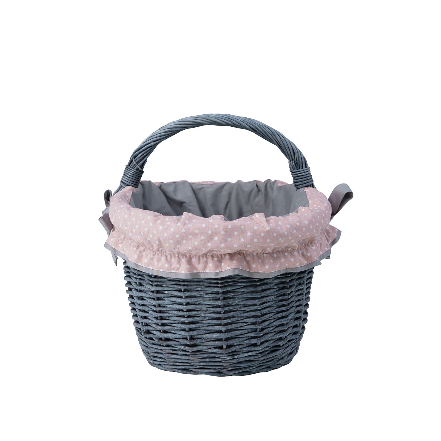 wicker shopping basket with gray-pink trim and handle by