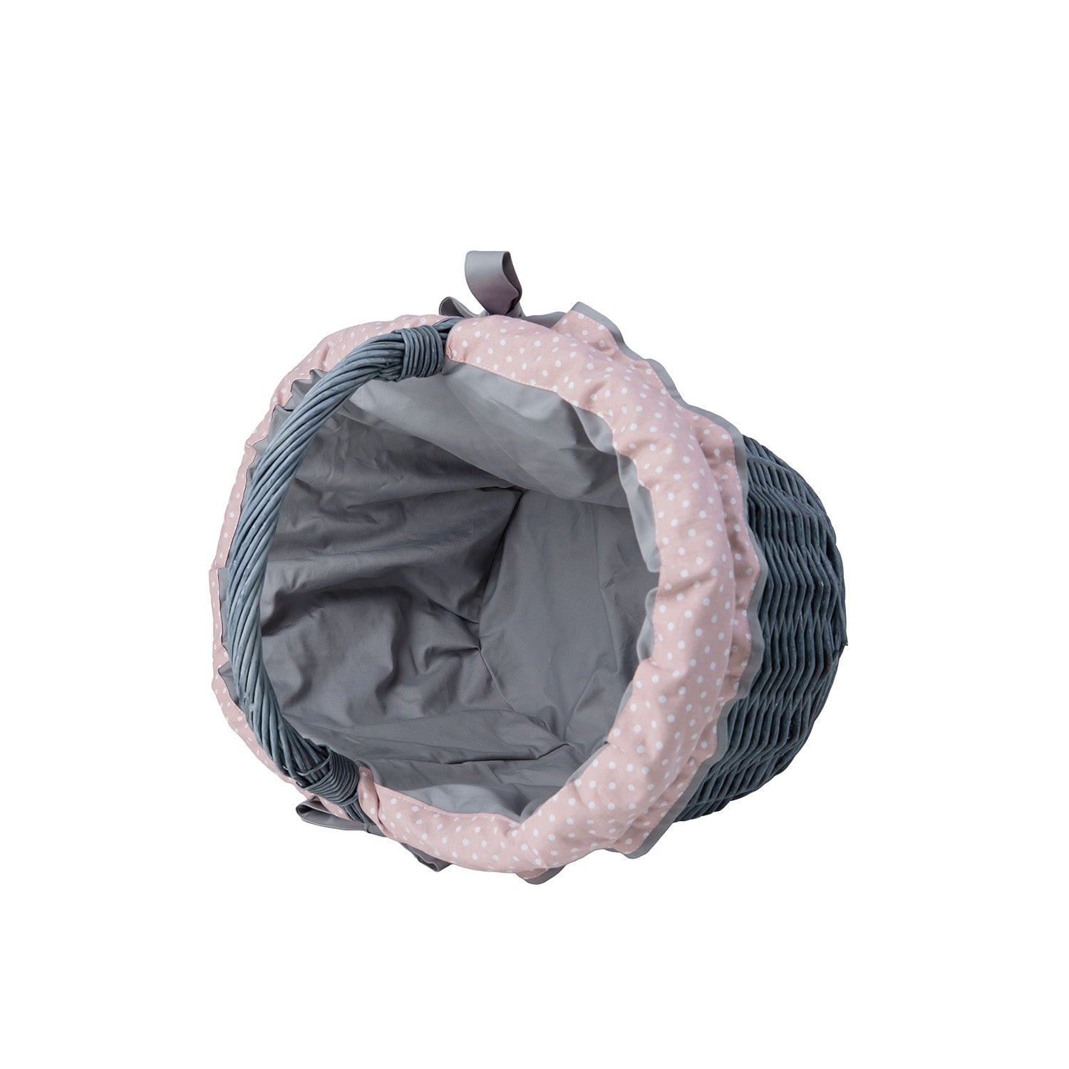 wicker shopping basket with gray-pink trim and handle by