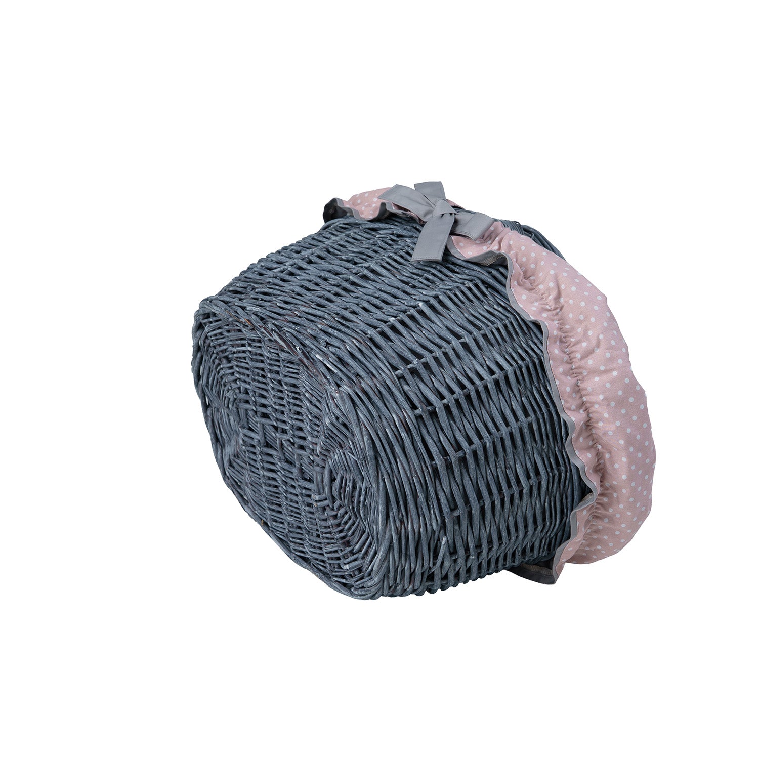 wicker shopping basket with gray-pink trim and handle by
