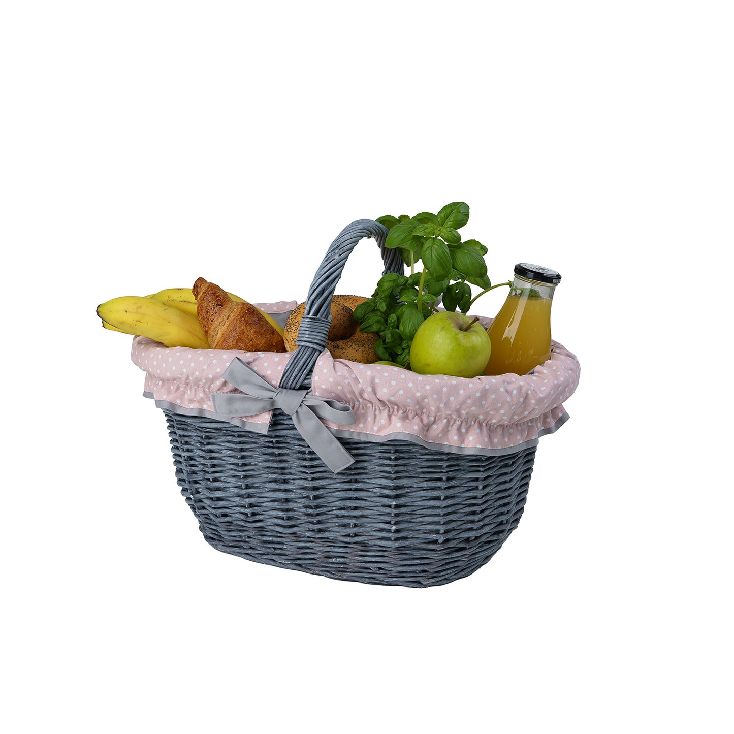 Walerissa wicker shopping basket with gray-pink trim and handle by TheWickerStories