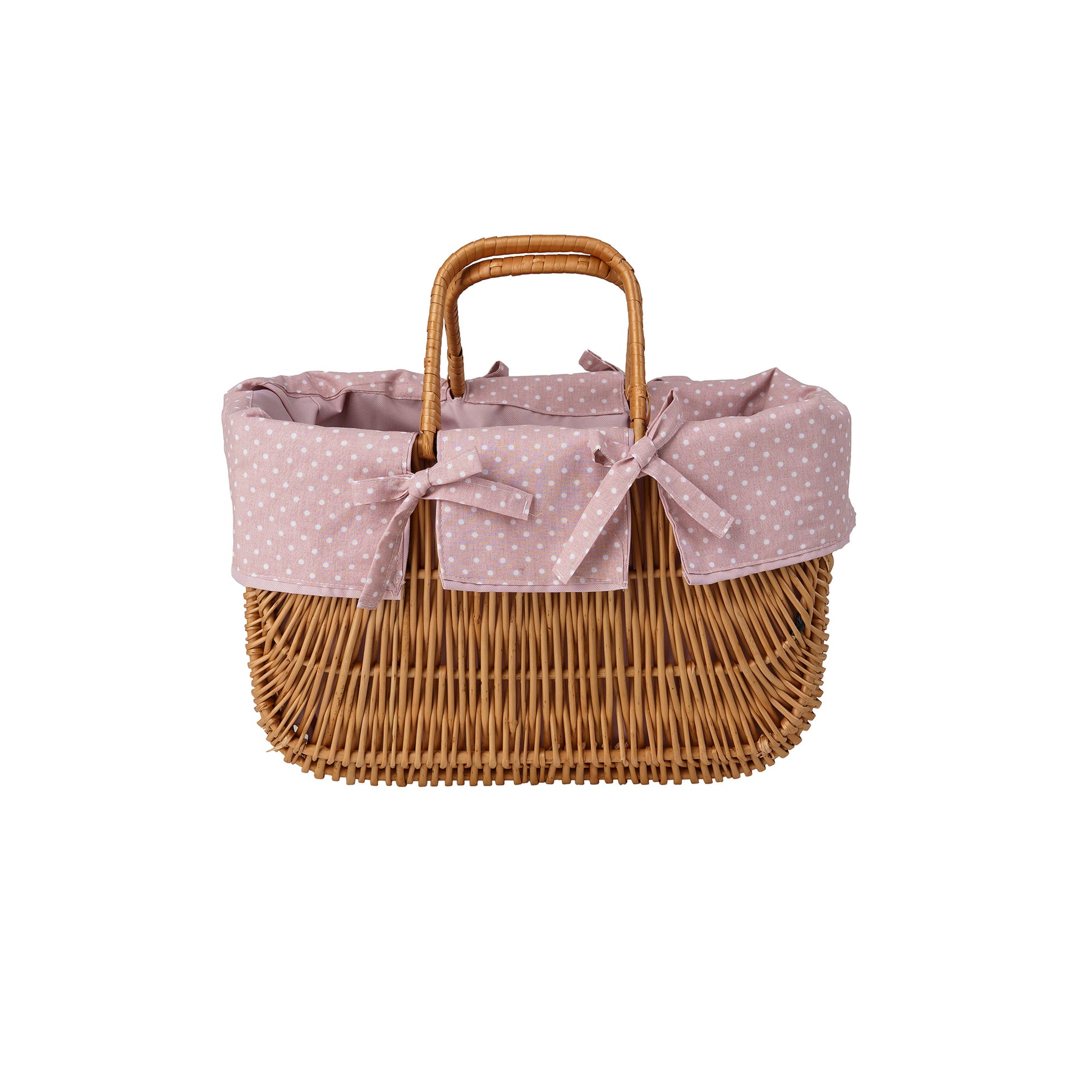 Panier en osier pour guidon de vélo avec bordure rose et anses