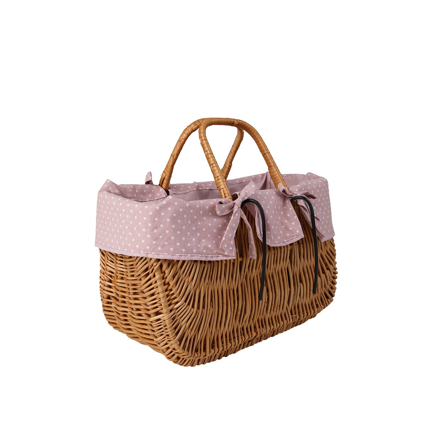 Panier en osier pour guidon de vélo avec bordure rose et anses