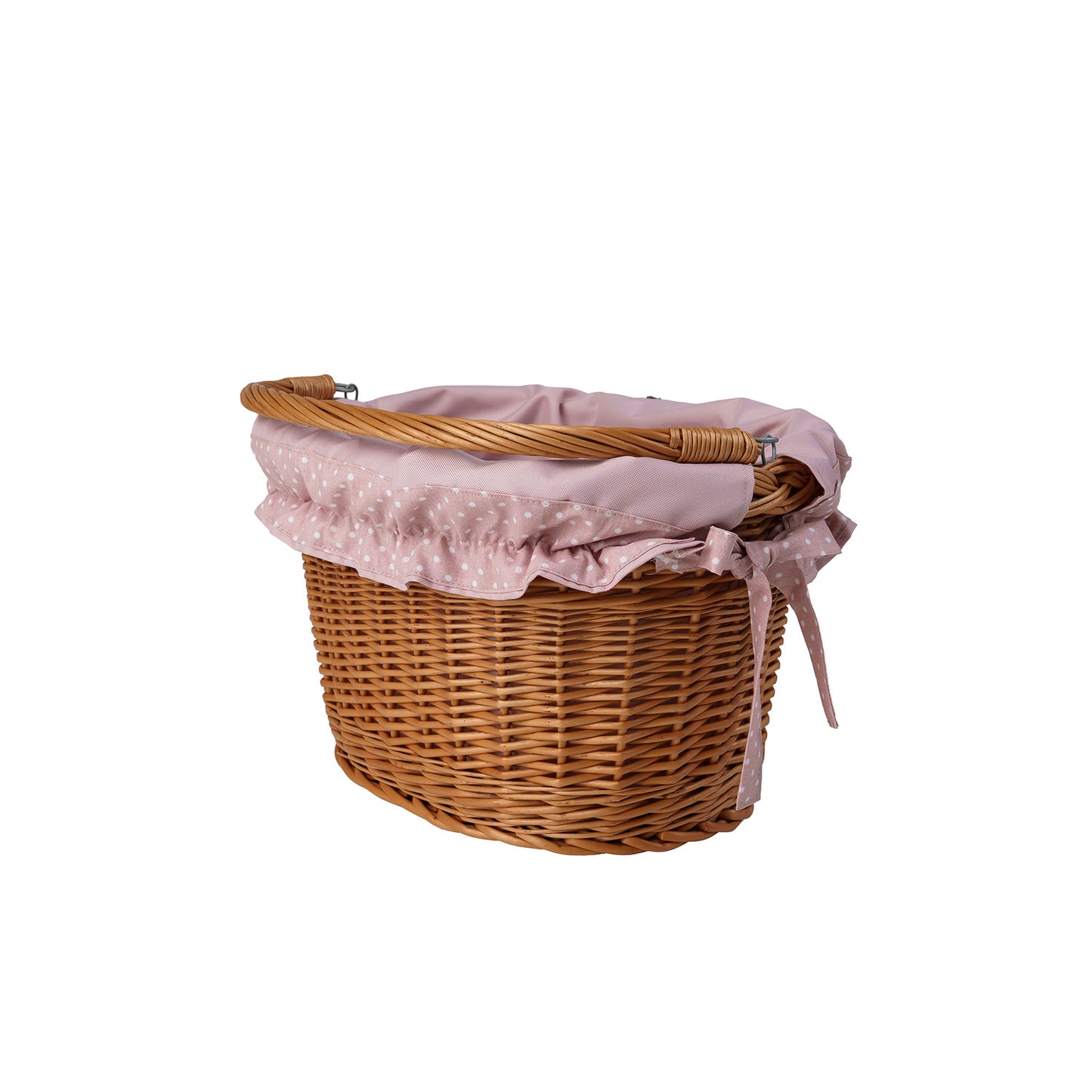 Magnus rieten fietskorf met roze bies, met handvat en riemen voor het stuur TheWickerStories