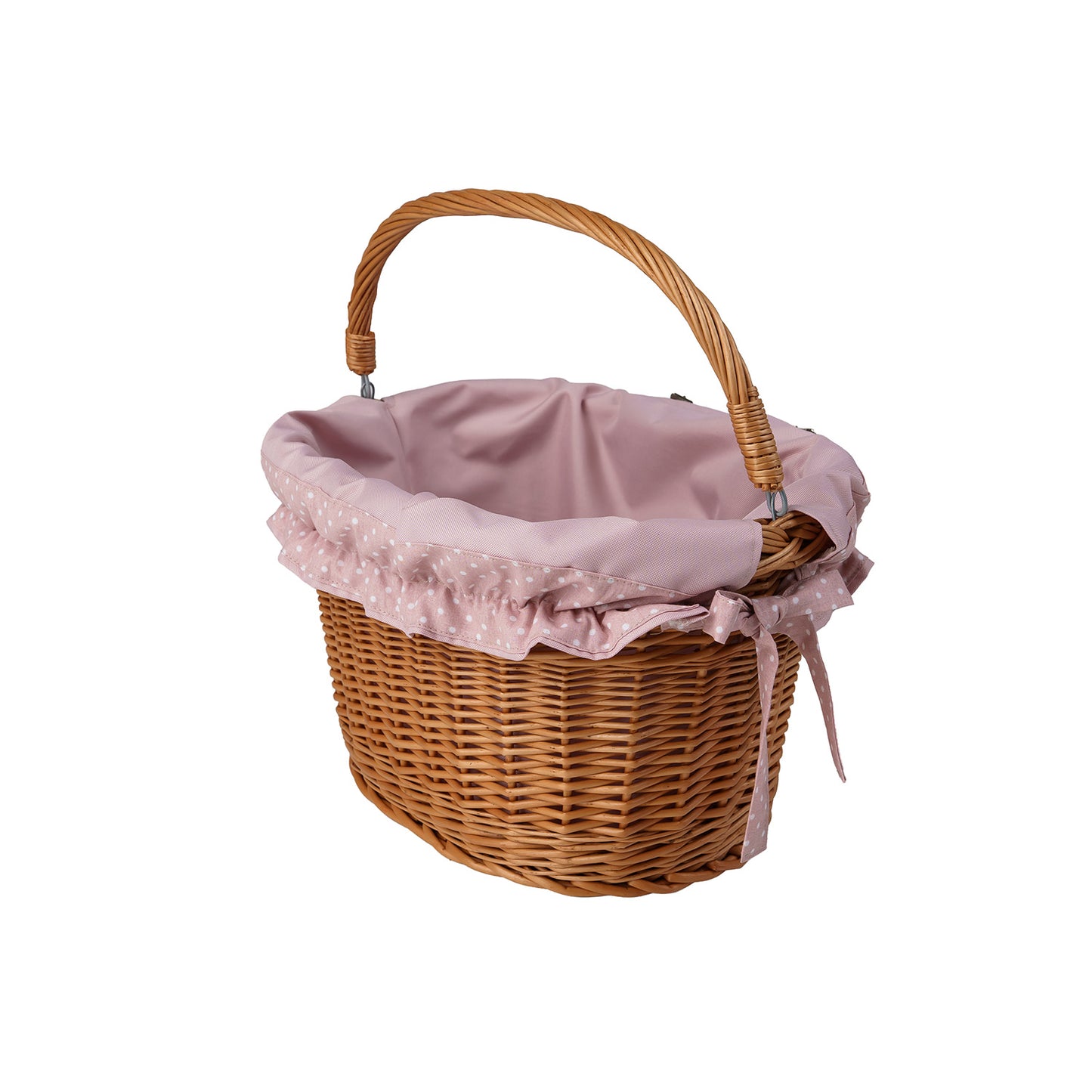 Magnus rieten fietskorf met roze bies, met handvat en riemen voor het stuur TheWickerStories