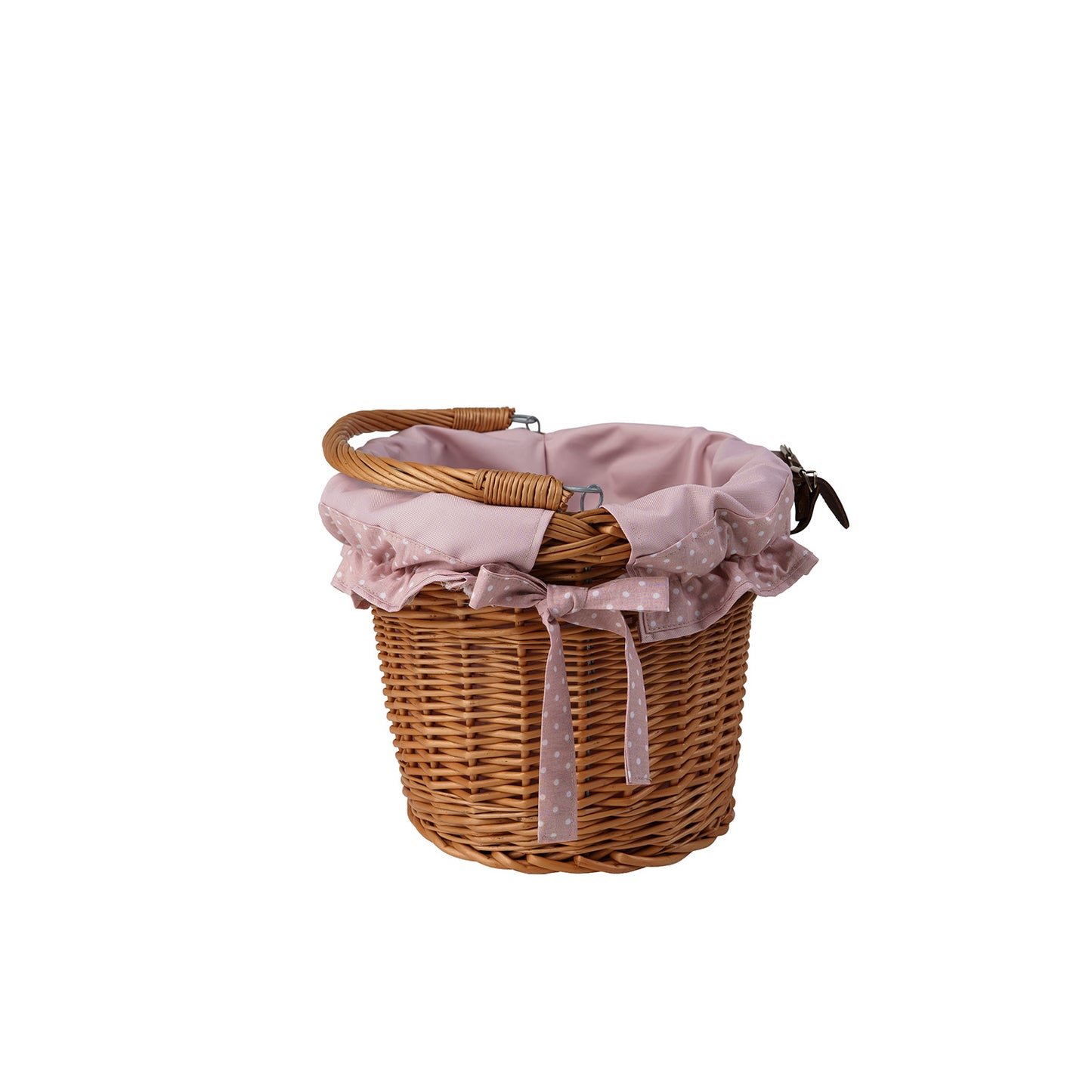 Magnus rieten fietskorf met roze bies, met handvat en riemen voor het stuur TheWickerStories