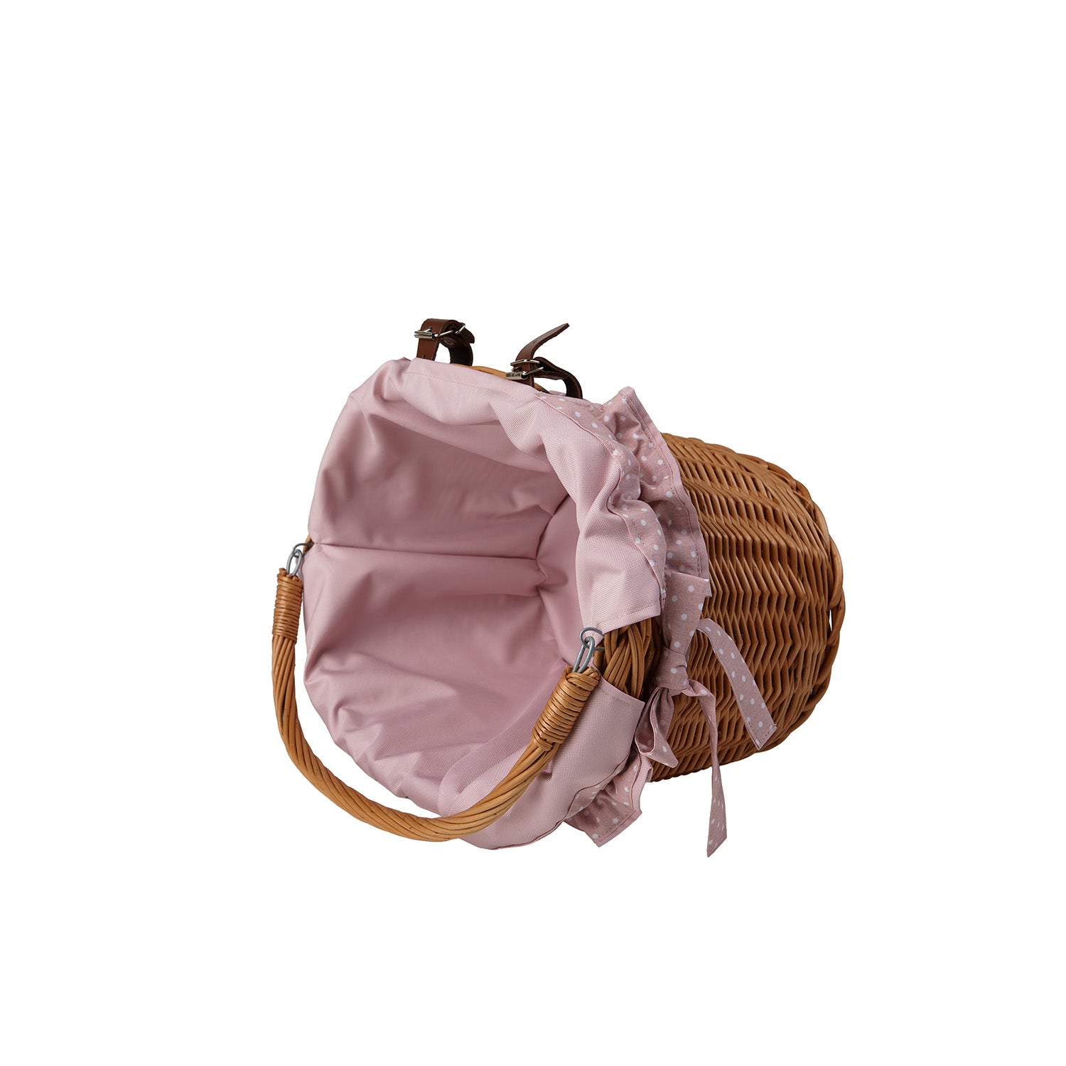 rieten fietskorf met roze bies, met handvat en riemen voor het stuur