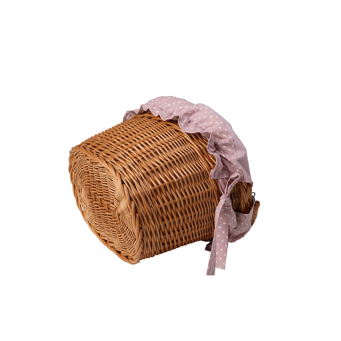 Magnus rieten fietskorf met roze bies, met handvat en riemen voor het stuur TheWickerStories