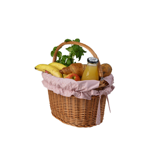 wicker bike basket with pink trim, featuring a handle and handlebar straps