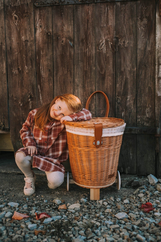 Celtis wicker basket on wheels with cream trim and straps TheWickerStories