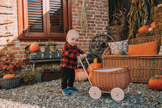 Luke wicker push walker with cream trim, handle and wheels TheWickerStories