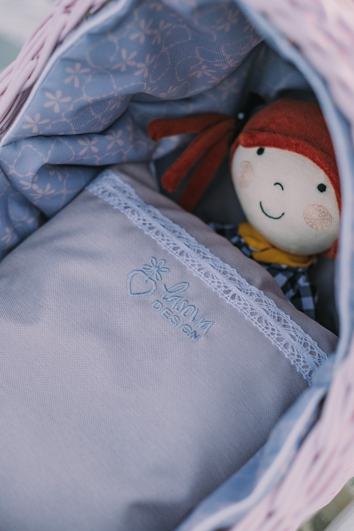 Lili wicker doll stroller with gray trim, handle, quilt and pillow TheWickerStories