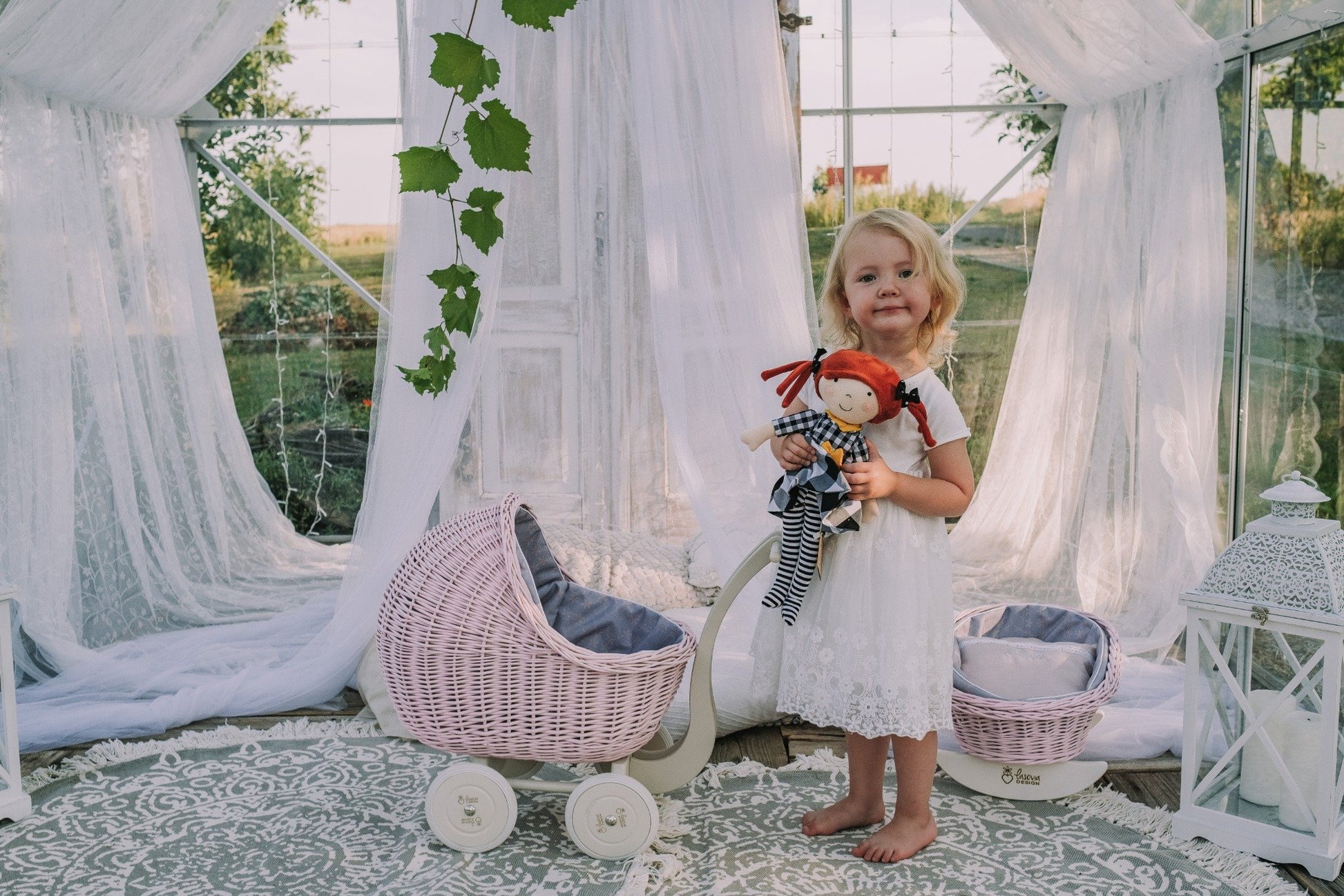 Lili wicker doll stroller with gray trim, handle, quilt and pillow TheWickerStories