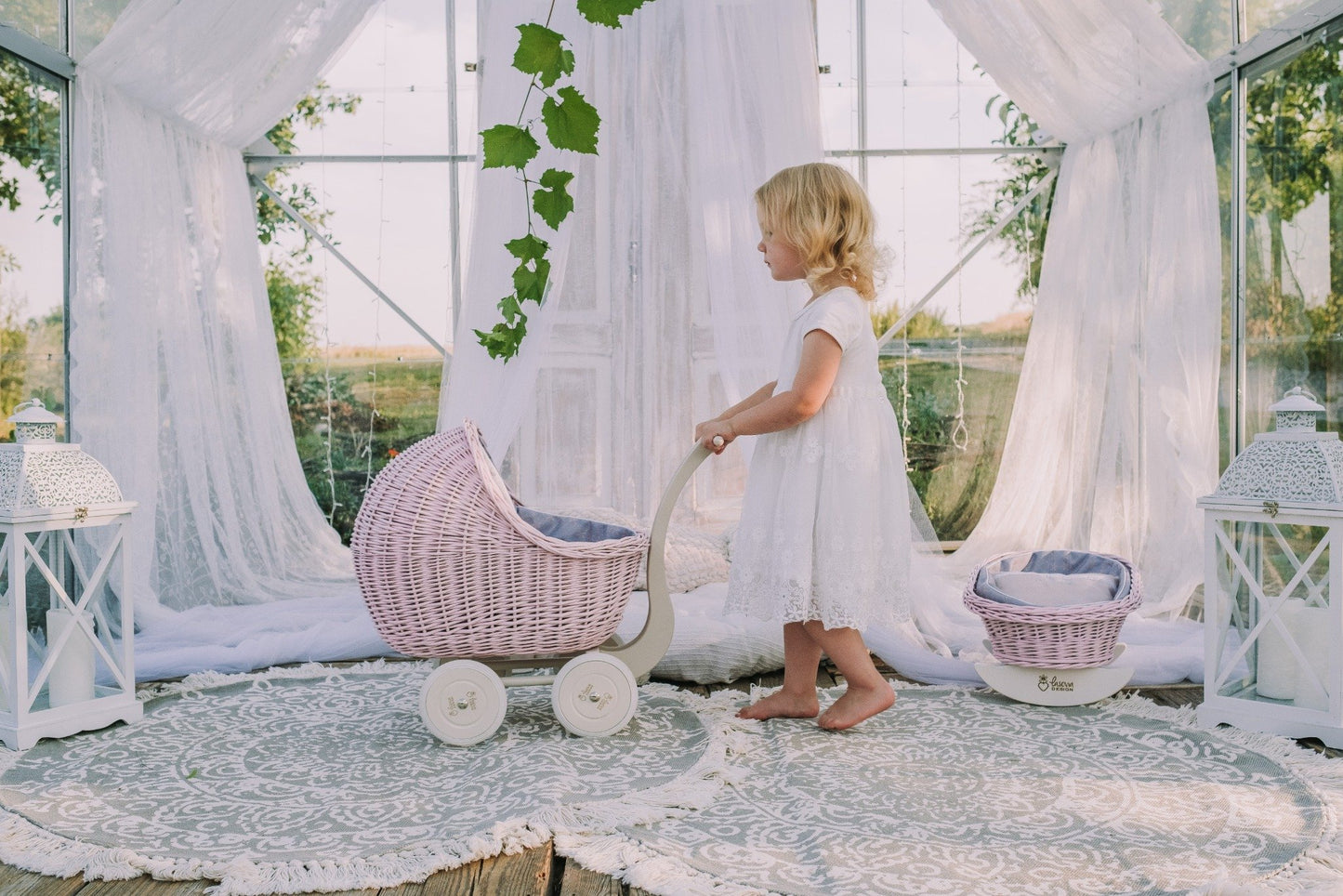 Lili wicker doll stroller with gray trim, handle, quilt and pillow TheWickerStories