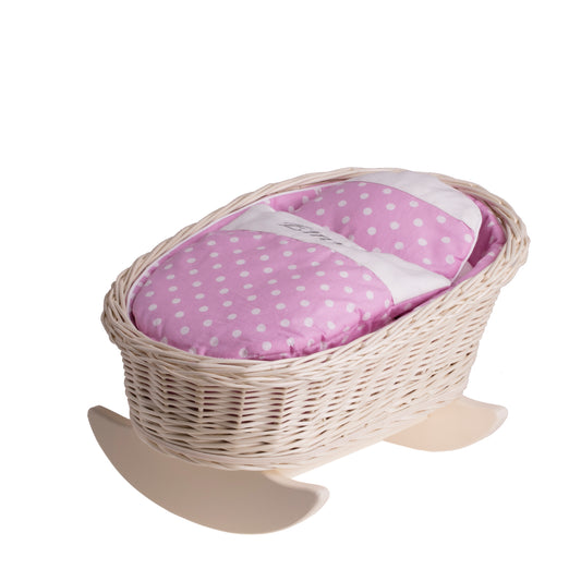 Mimi pletena zibelka za punčke s personalizacijo, roza podloga, blazina in odeja