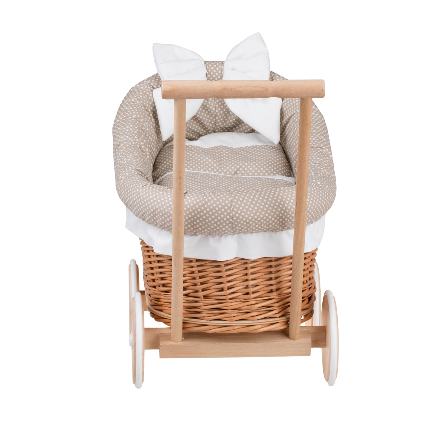 Luna wicker doll stroller with beige trim, blanket, and pillow TheWickerStories