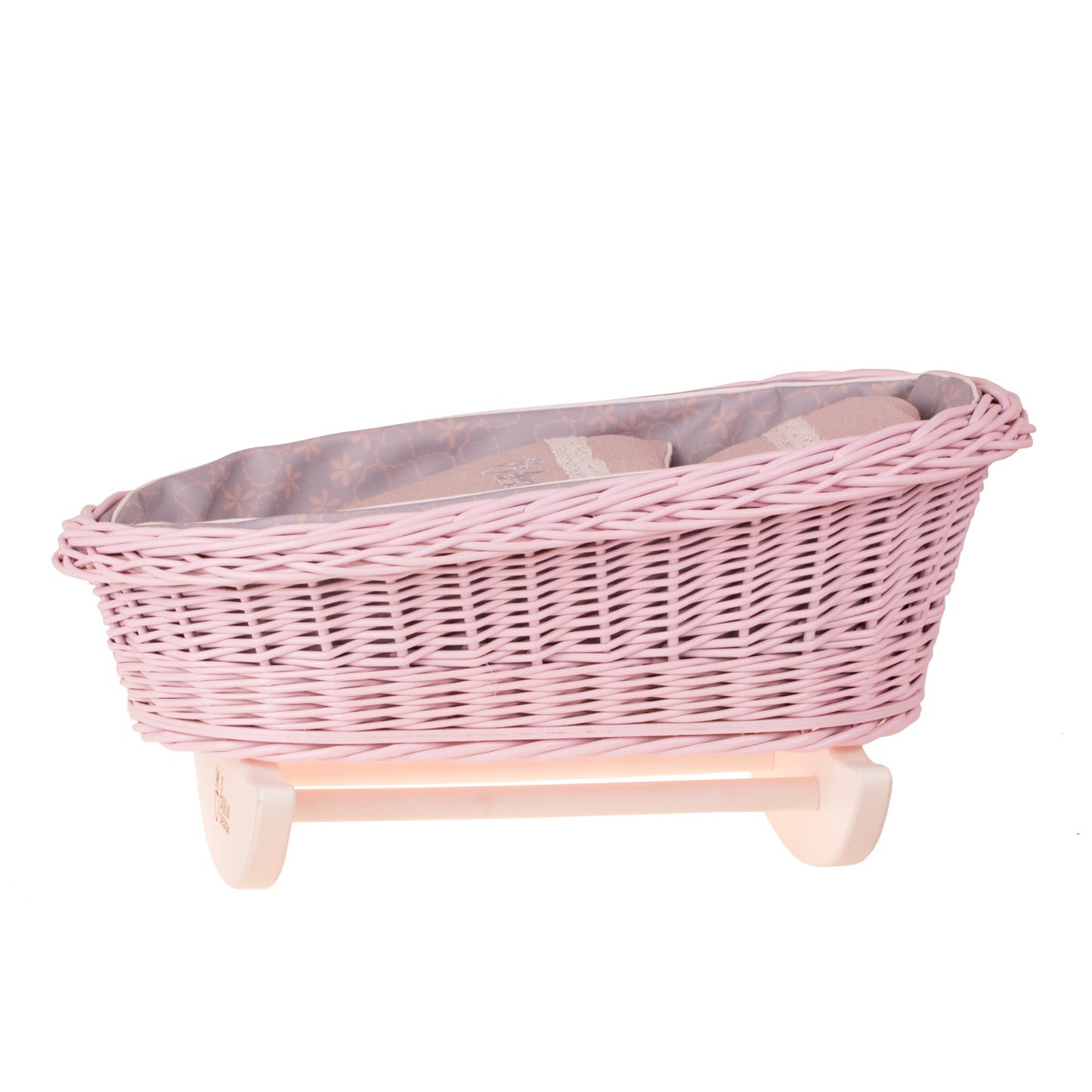 Mimi wicker doll cradle with gray trim, pillow and quilt TheWickerStories