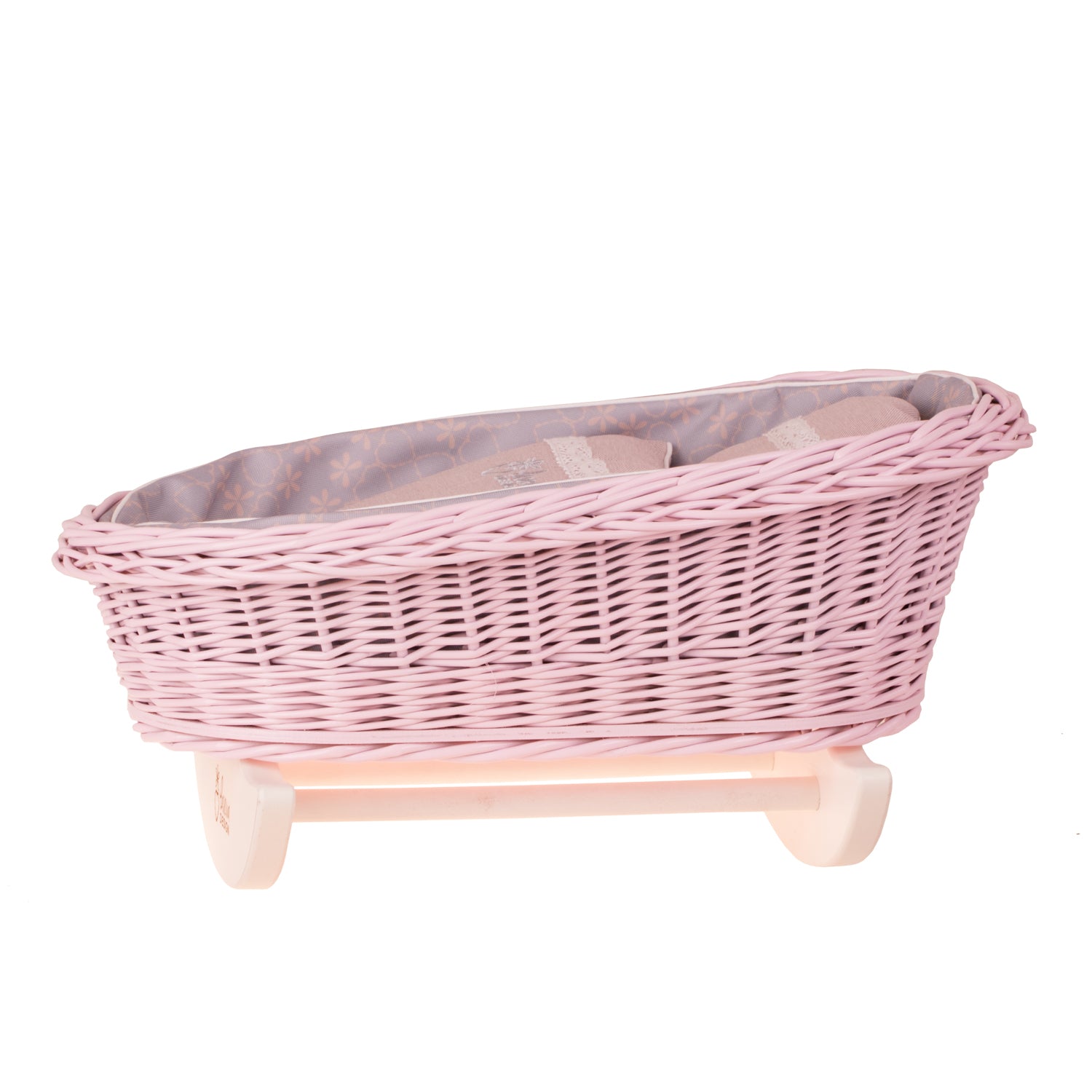 Mimi wicker doll cradle with gray trim, pillow and quilt TheWickerStories