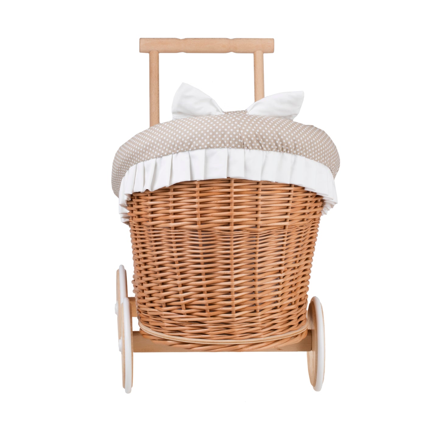 Luna wicker doll stroller with beige trim, blanket, and pillow TheWickerStories
