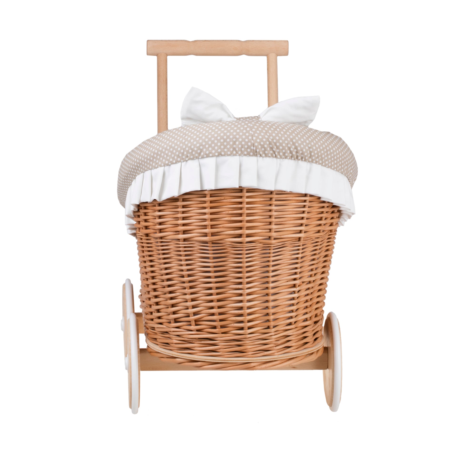 wicker doll stroller with beige trim, blanket, and pillow