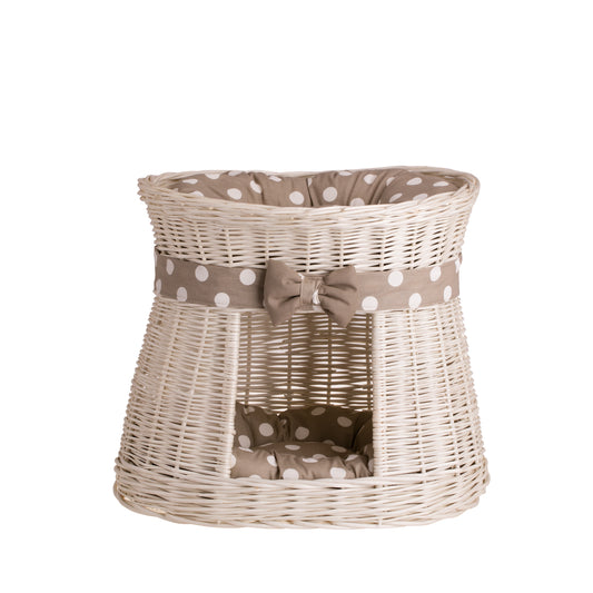 Erif rieten kattenhuis met beige kussens, twee verdiepingen, met strik