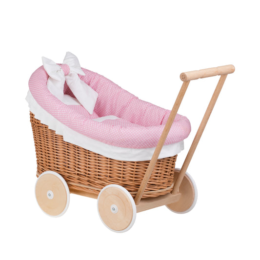 Luna wicker doll stroller with pink trim, blanket, and pillow
