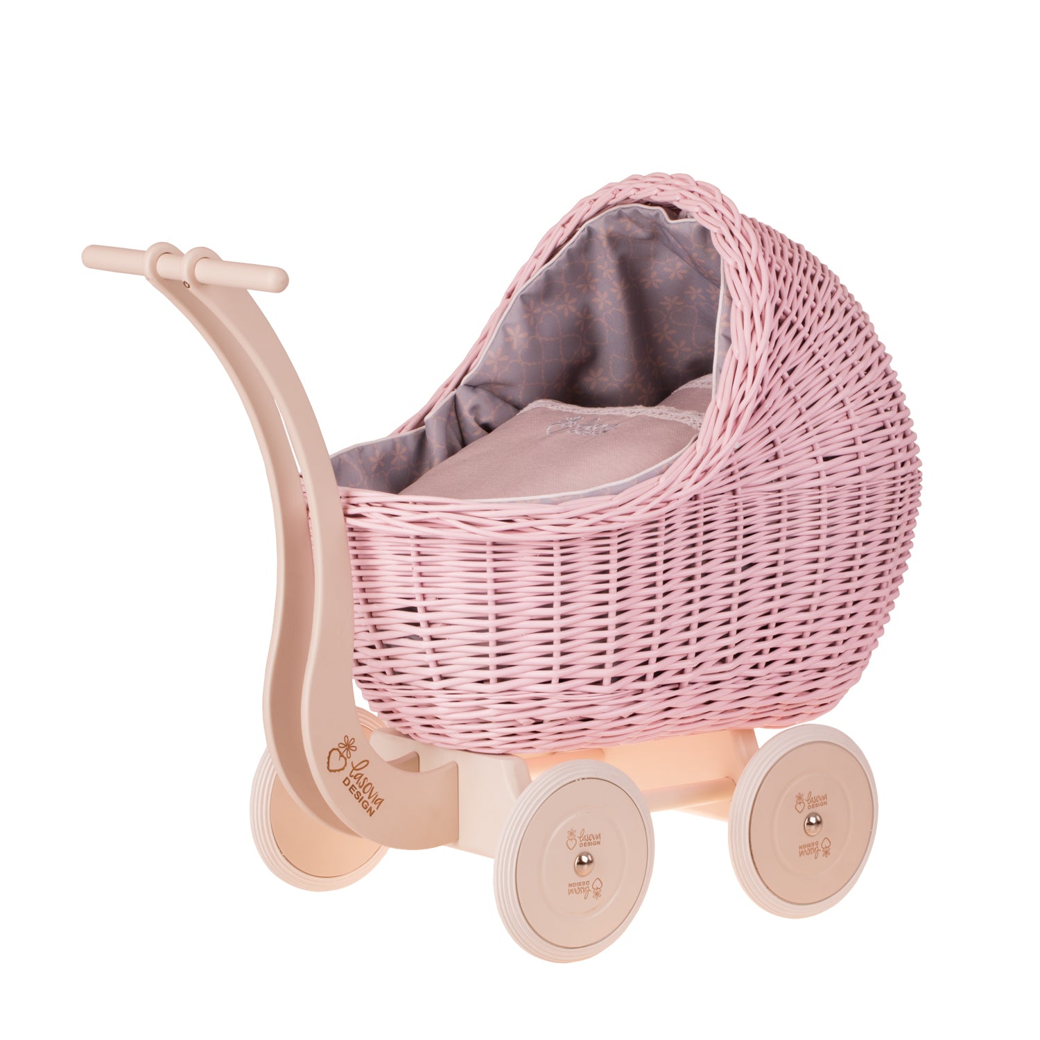 Lili wicker doll stroller with gray trim, handle, quilt and pillow TheWickerStories