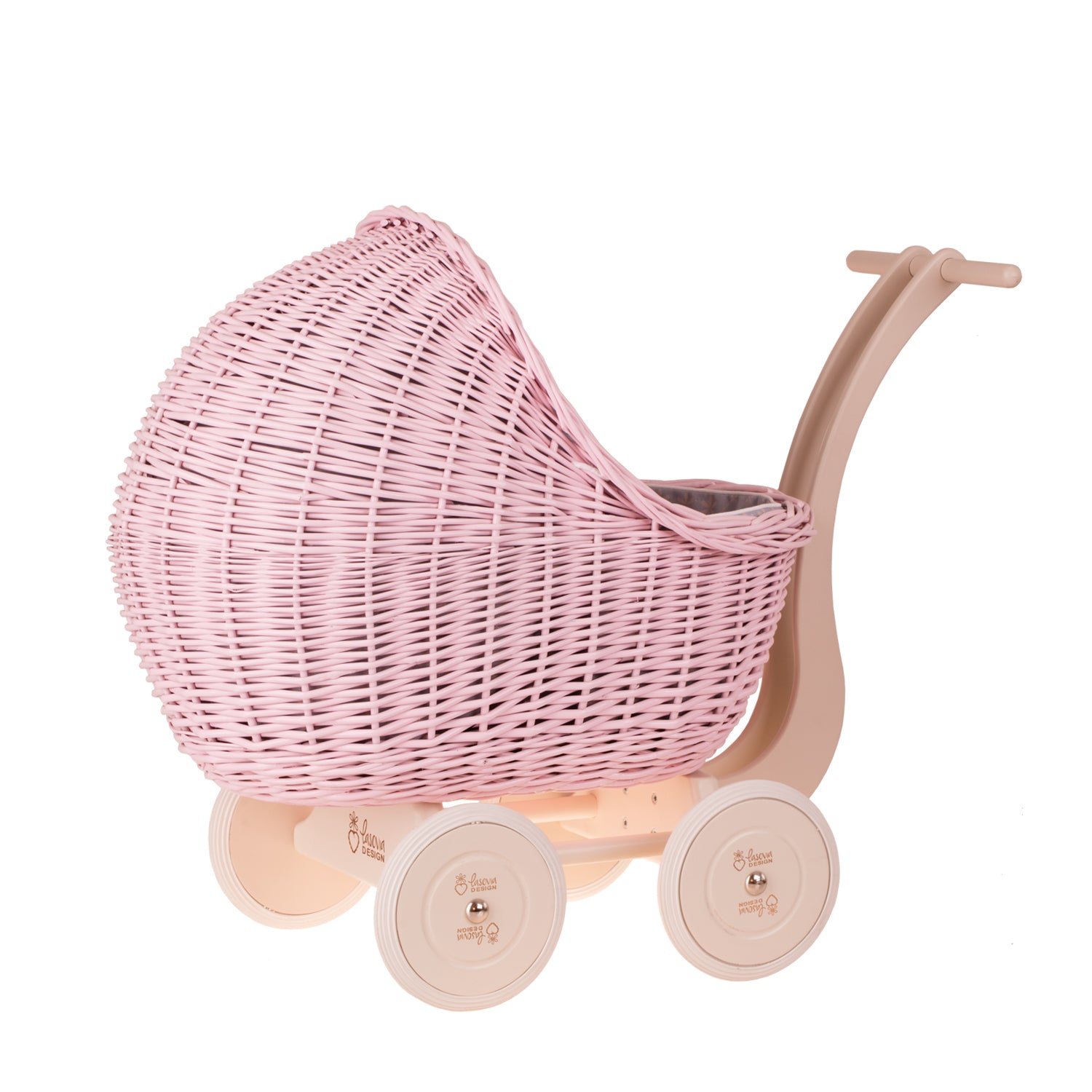 Lili wicker doll stroller with gray trim, handle, quilt and pillow TheWickerStories