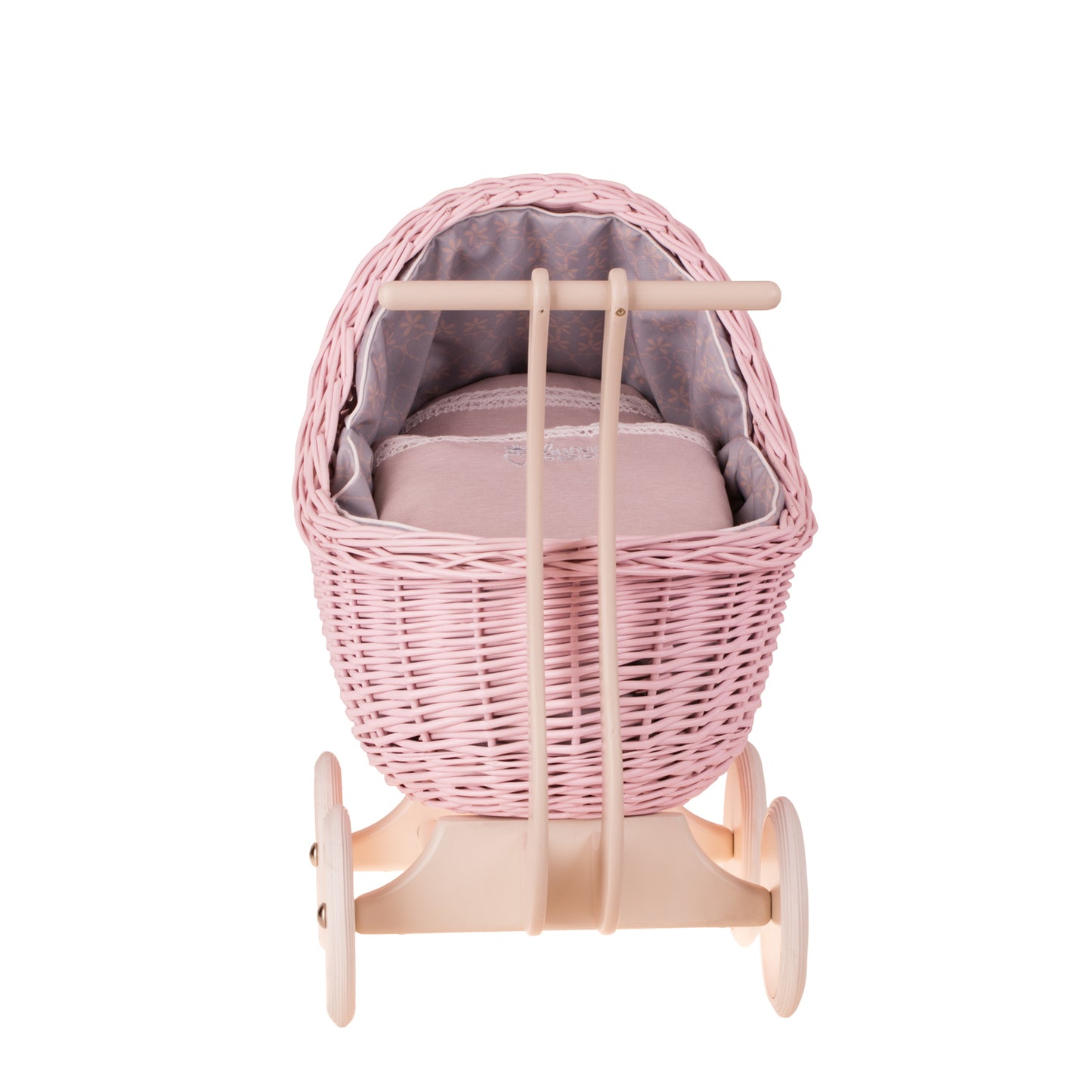 Lili wicker doll stroller with gray trim, handle, quilt and pillow TheWickerStories