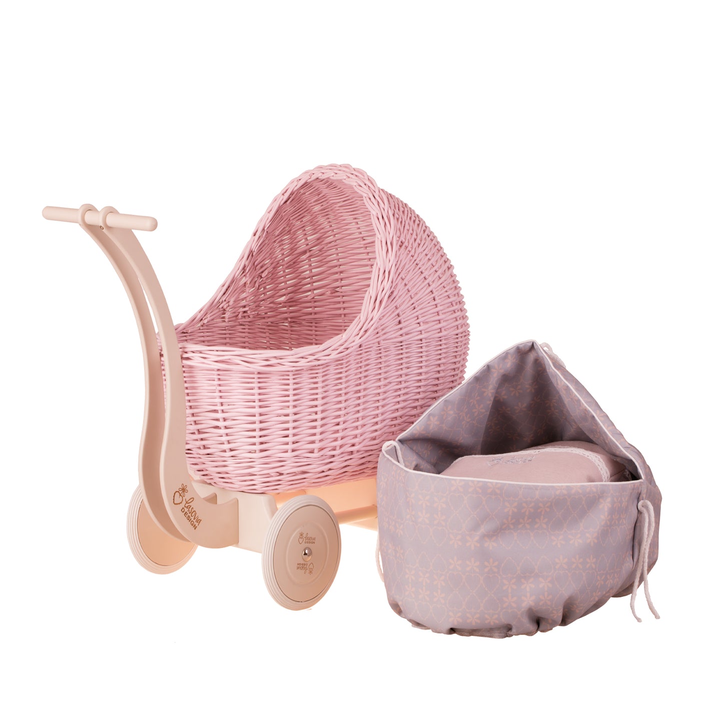 Lili wicker doll stroller with gray trim, handle, quilt and pillow TheWickerStories