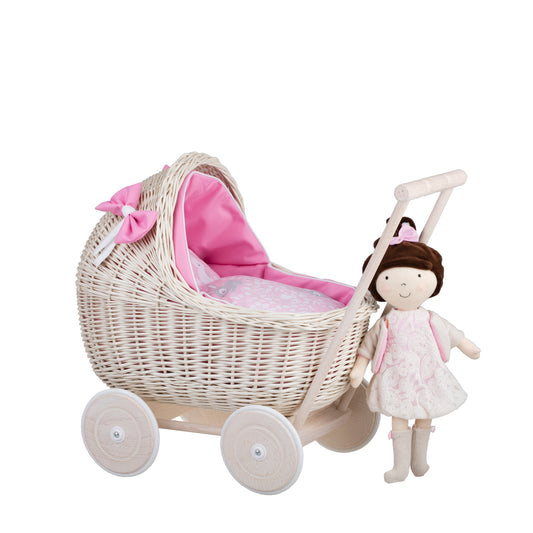 Lili wicker doll stroller with pink trim, blanket, and pillow