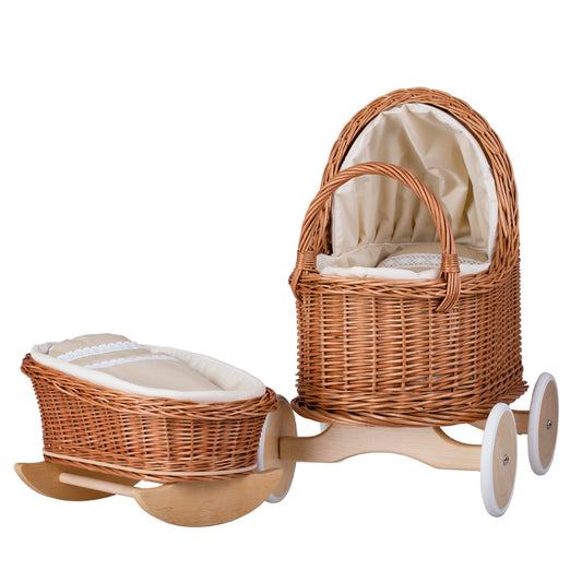 Lara rietenen poppenwagen en wieg met beige afwerking, dekentje en kussen